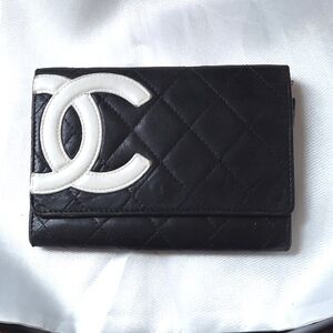 Chanel Wallet "Cambon" White CC Logo on Black Quilted Leather w/ Pink Interior